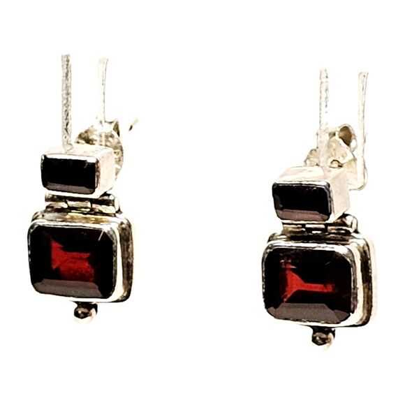 925K GARNET EARRINGS DANGLE DOUBLE STONE ARTICULATING POST STUD 1960s EUC! - Picture 10 of 14
